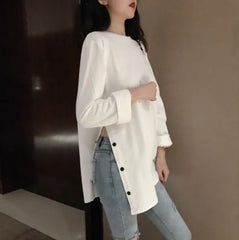 SIDE BUTTON LONG T-SHIRT O-NECK