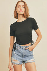 KNIT RUCHED SIDE TIE TEE