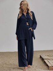 SLIT HEM LONGLINE BLOUSE & WIDE LEG TROUSERS SET