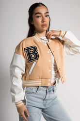 BEIGE VARSITY GRAPHIC FAUX LEATHER SLEEVE BOMBER JACKET