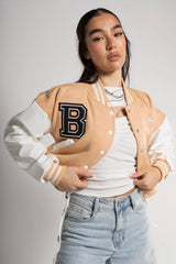 BEIGE VARSITY GRAPHIC FAUX LEATHER SLEEVE BOMBER JACKET