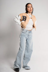 BEIGE VARSITY GRAPHIC FAUX LEATHER SLEEVE BOMBER JACKET