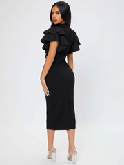 MOCK NECK BUTTERFLY SLEEVE SPLIT BACK DRESS
