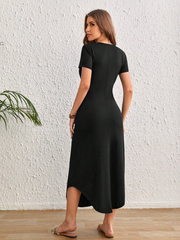 SOLID CURVED HEM SHORT SLEEVE POCKET DRESS MAXI WOMEN OUTFIT