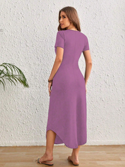 SOLID CURVED HEM SHORT SLEEVE POCKET DRESS MAXI WOMEN OUTFIT