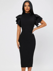MOCK NECK BUTTERFLY SLEEVE SPLIT BACK DRESS