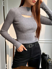 CUT OUT MOCK NECK RIBBED KNIT TEE