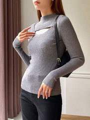 CUT OUT MOCK NECK RIBBED KNIT TEE