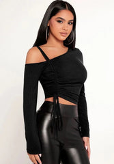 BLACK ASYMMETRICAL NECK DRAWSTRING SIDE TEE