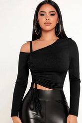 BLACK ASYMMETRICAL NECK DRAWSTRING SIDE TEE