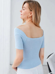 SKY BLUE CROSS OVER BARDOT RIBBED TOP