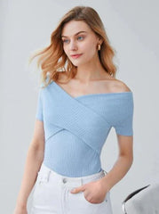 SKY BLUE CROSS OVER BARDOT RIBBED TOP