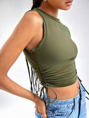 DRAWSTRING RUCHED SIDE CROP TANK TOP