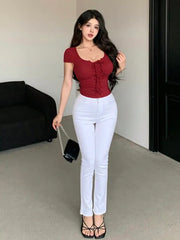 Solid Round Neck Ribbed Knit Short Sleeve T-Shirt