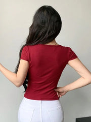 Solid Round Neck Ribbed Knit Short Sleeve T-Shirt