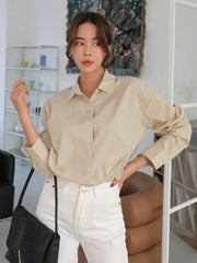 BEIGE DROP SHOULDER BUTTON FRONT SHIRT