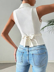 Women's Summer Solid Color Tie Waist Sleeveless Shirt With Collar