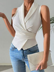 Women's Summer Solid Color Tie Waist Sleeveless Shirt With Collar
