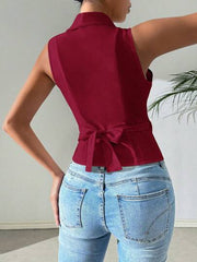 Women's Summer Solid Color Tie Waist Sleeveless Shirt With Collar