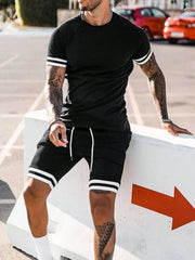 MEN'S STRIPED CONTRAST TRIM T-SHIRT AND SHORTS SET