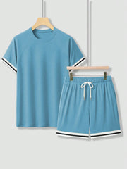 MEN'S STRIPED CONTRAST TRIM T-SHIRT AND SHORTS SET