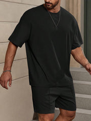 LOOSE FIT MEN SOLID COLOR DROP SHOULDER T-SHIRT AND SHORTS SET