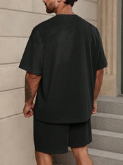 LOOSE FIT MEN SOLID COLOR DROP SHOULDER T-SHIRT AND SHORTS SET