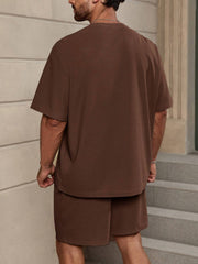 LOOSE FIT MEN SOLID COLOR DROP SHOULDER T-SHIRT AND SHORTS SET