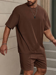LOOSE FIT MEN SOLID COLOR DROP SHOULDER T-SHIRT AND SHORTS SET