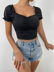 RUCHED FRONT SWEETHEART NECK PUFF SLEEVE CROP TEE