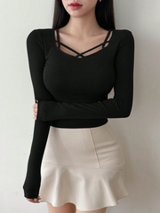 WOMEN'S SOLID COLOR SWEETHEART NECK LONG SLEEVE CASUAL RIBBED T-SHIRT