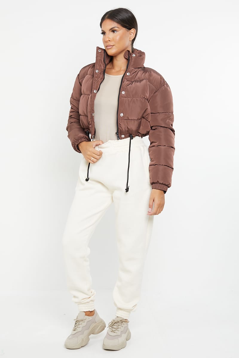 PADDED CROP PUFFER JACKET- CHOCOLATE – - Main Image