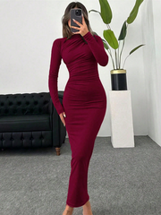 WOMEN'S STAND COLLAR LONG SLEEVE PLEATED DRESS