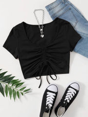 SOLID DRAWSTRING RUCHED TEE-BLACK