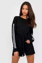 DOUBLE SIDE STRIPE JERSEY LOUNGE SHORT SET-BLACK