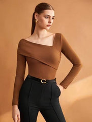 Women Solid Brown Elastic Foldable Slim Asymmetric Collar T-Shirt