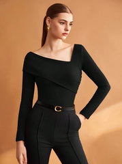 Women Solid Brown Elastic Foldable Slim Asymmetric Collar T-Shirt