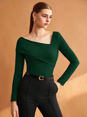 Women Solid Brown Elastic Foldable Slim Asymmetric Collar T-Shirt