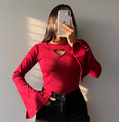 HEART CUT OUT LETTUCE TRIM MOCK NECK TRUMPET SLEEVE TEE