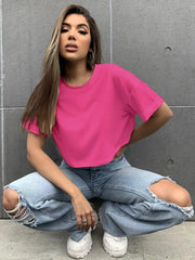 DROP SHOULDER SOLID TEE-FUCHSIA