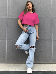 DROP SHOULDER SOLID TEE-FUCHSIA