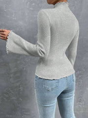 MOCK NECK LETTUCE TRIM TRUMPET SLEEVE RIBBED KNIT TEE