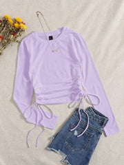 DRAWSTRING RUCHED SOLID FULL SLEEVE TEE-BLACK