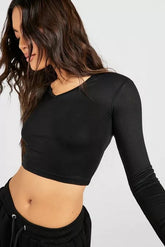 LONG SLEEVE V NECK CROPPED TOP-BLACK