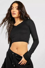 LONG SLEEVE V NECK CROPPED TOP-BLACK