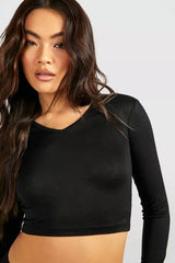 LONG SLEEVE V NECK CROPPED TOP-BLACK