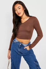 LONG SLEEVE V NECK CROPPED TOP-DARK BROWN