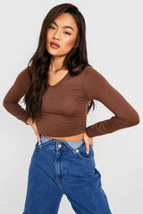 LONG SLEEVE V NECK CROPPED TOP-DARK BROWN