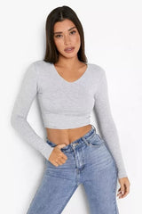 LONG SLEEVE V NECK CROPPED TOP-GREY
