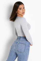 LONG SLEEVE V NECK CROPPED TOP-GREY